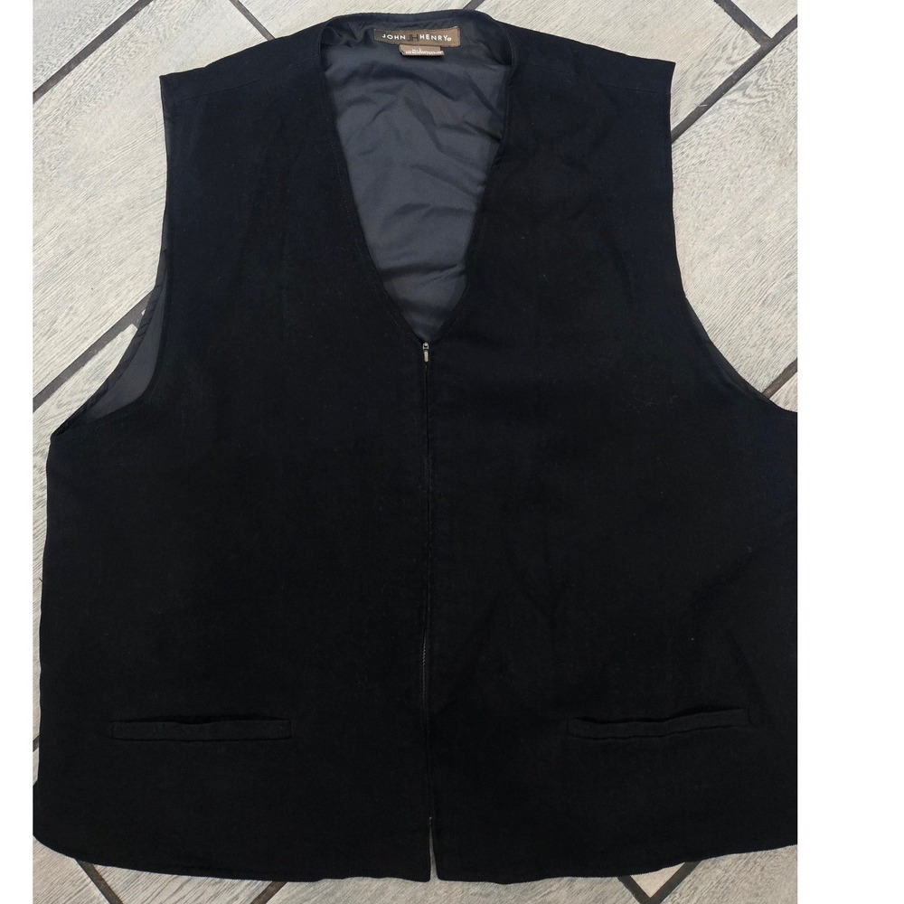 John Henry Mens Vest Large Black Zip Front Adjustable Back Cinch Rayon Blend